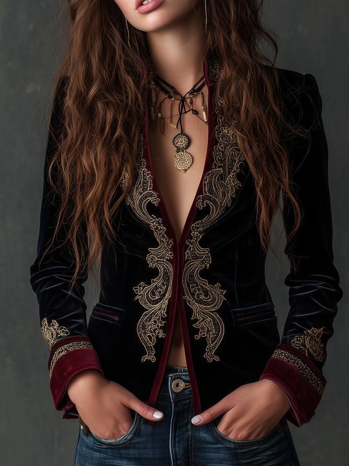 Classic Baroque Velvet Blazer with Embroidery
