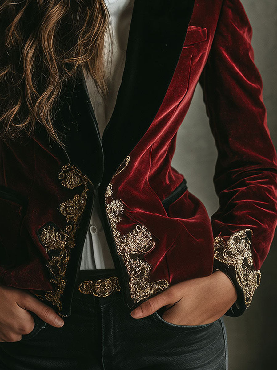 Luxurious Velvet Blazer with Elegant Black Collar and Gold Embroidery