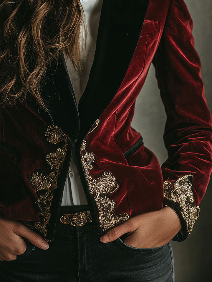 Luxurious Velvet Blazer with Elegant Black Collar and Gold Embroidery