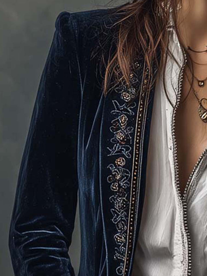 Embroidered Long Jacket in Vintage Navy Polyester Velvet