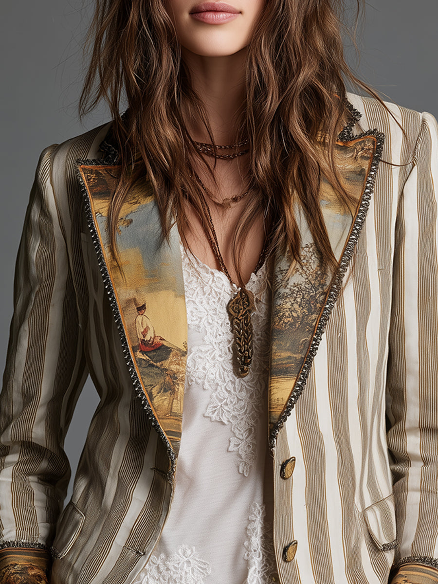 Bohemian Striped Cotton Blazer Featuring Printed Lapels