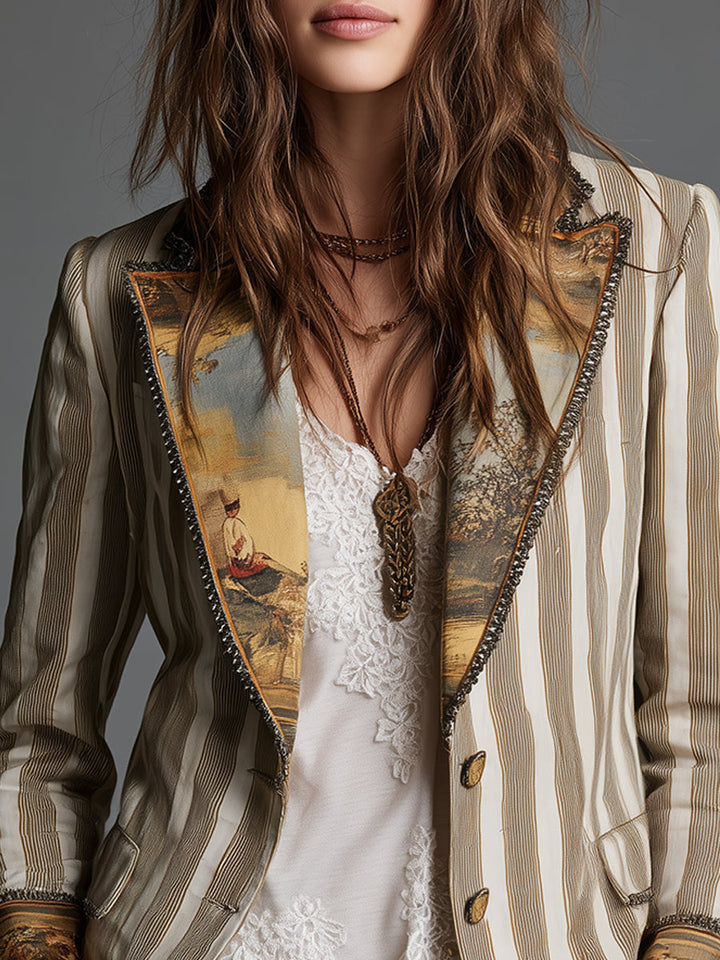 Bohemian Striped Cotton Blazer Featuring Printed Lapels