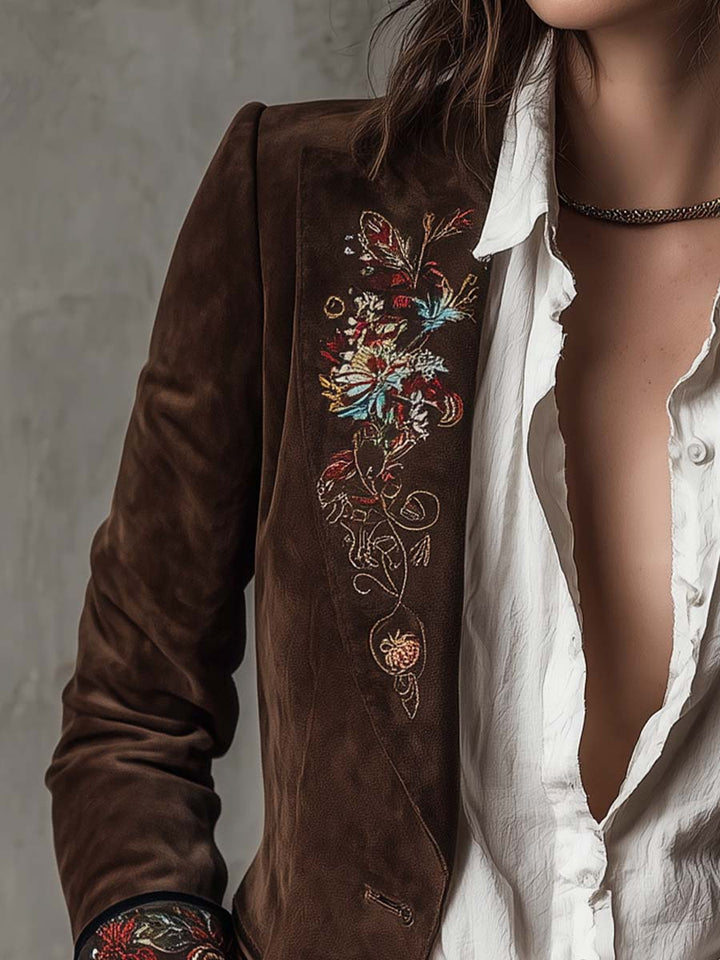 Retro Brown Suede Blazer Featuring Embroidered Accents