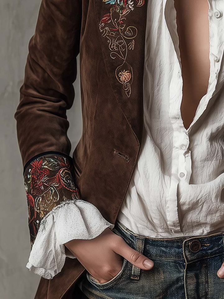 Retro Brown Suede Blazer Featuring Embroidered Accents