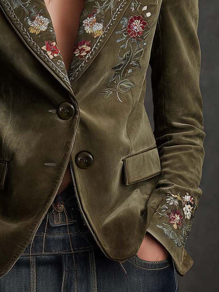 Embroidered Floral Olive Green Velvet Blazer