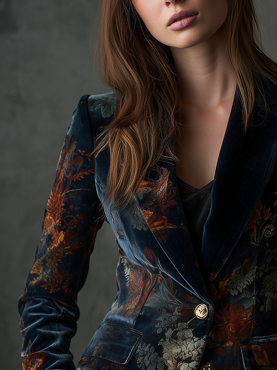 Retro Floral Pattern Velvet Blazer with Metal Buttons