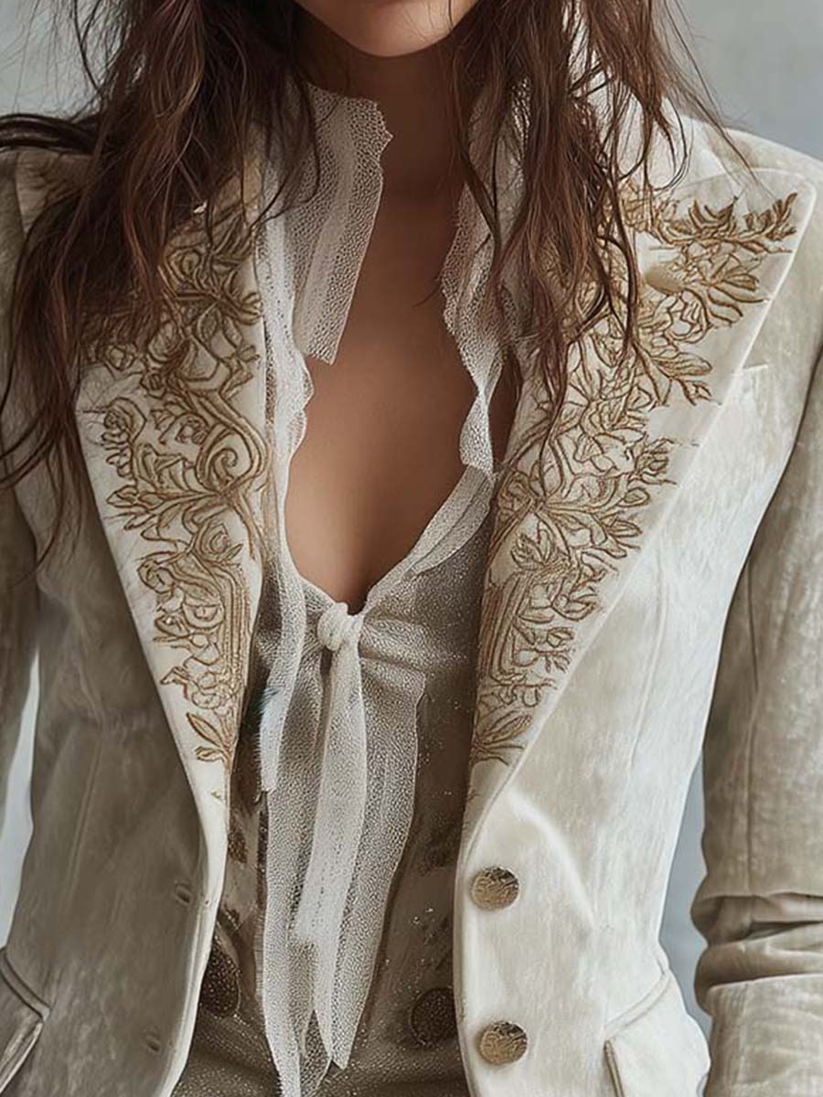 Ivory Velvet Blazer with Lace Cuffs and Embroidered Details