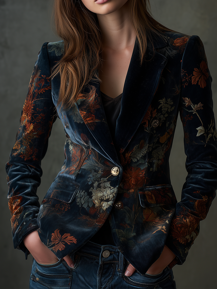 Retro Floral Pattern Velvet Blazer with Metal Buttons