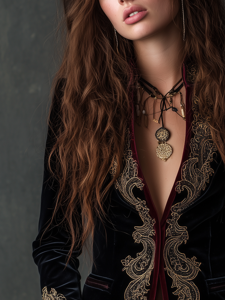 Classic Baroque Velvet Blazer with Embroidery