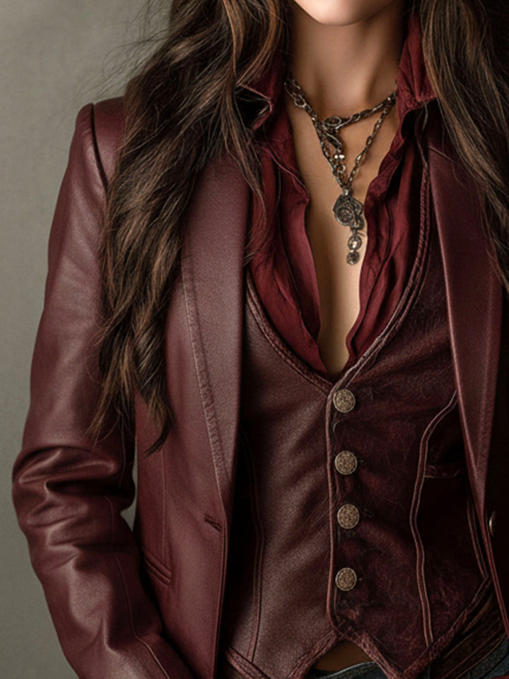 Retro Burgundy Eco-Friendly Leather Blazer