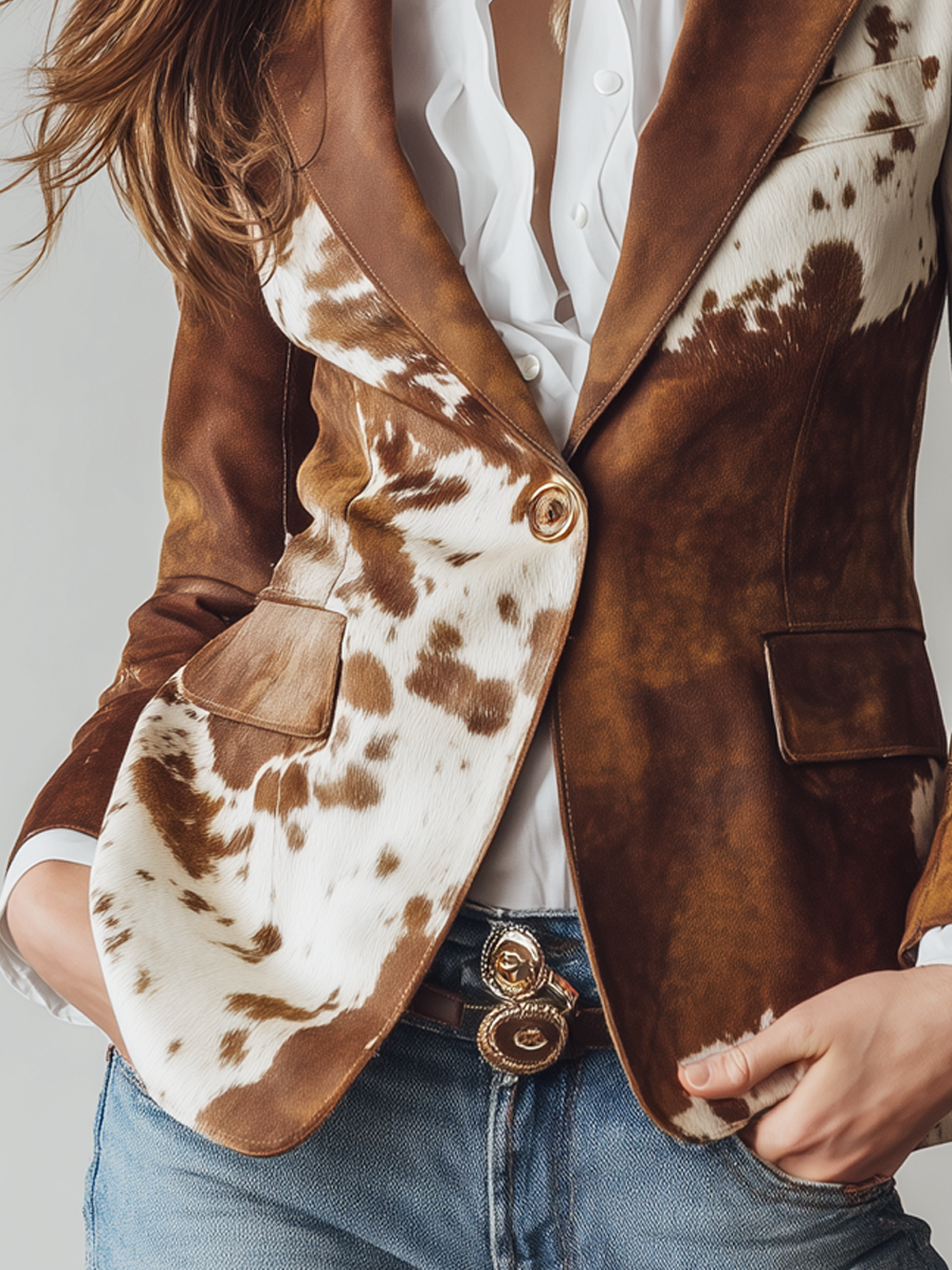 Retro Cowhide Print Eco-Friendly Suede Blazer