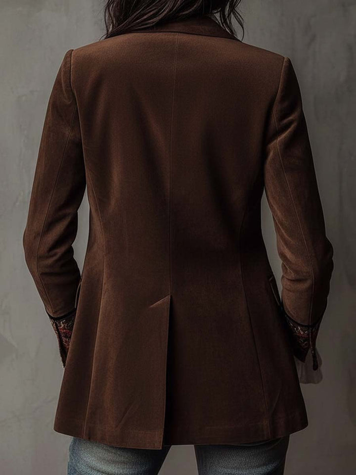 Retro Brown Suede Blazer Featuring Embroidered Accents