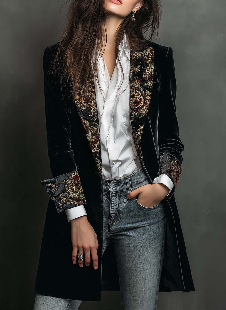 Classic Black Velvet Blazer with Baroque Printed Lapel - Timeless Vintage Luxury
