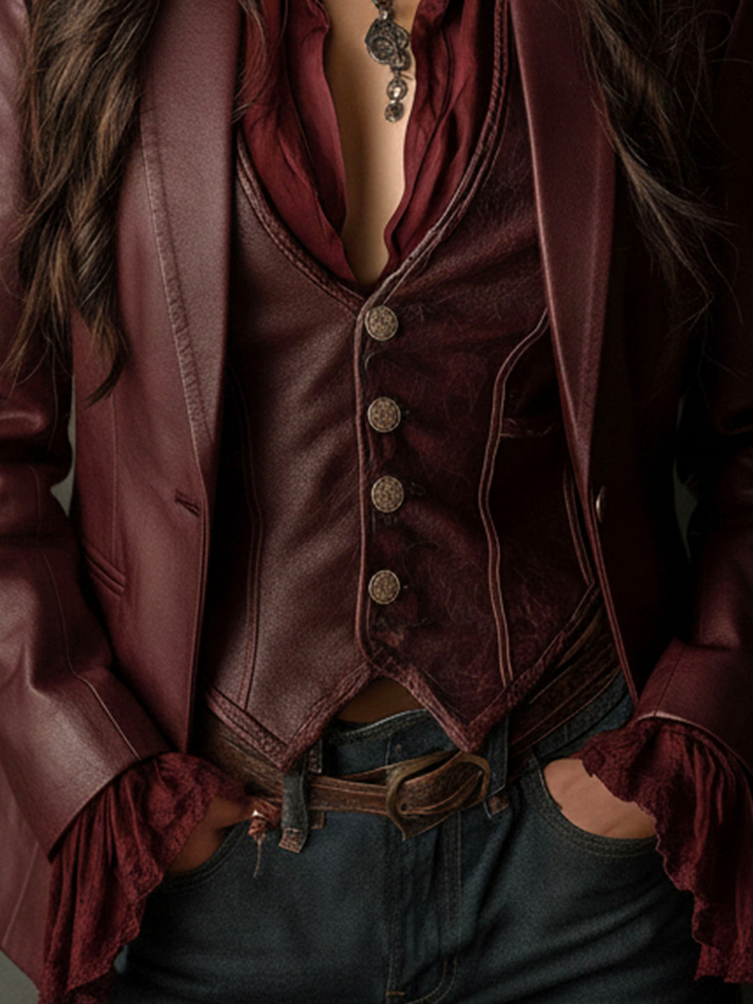 Retro Burgundy Eco-Friendly Leather Blazer