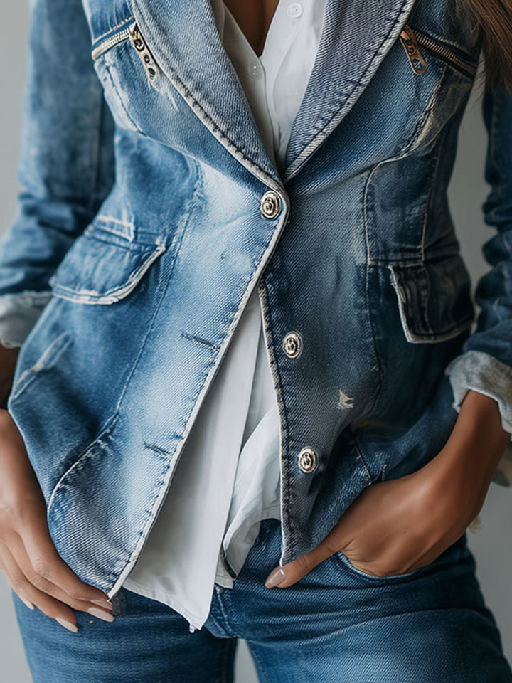 Classic Relaxed Fit Washed Denim Blazer