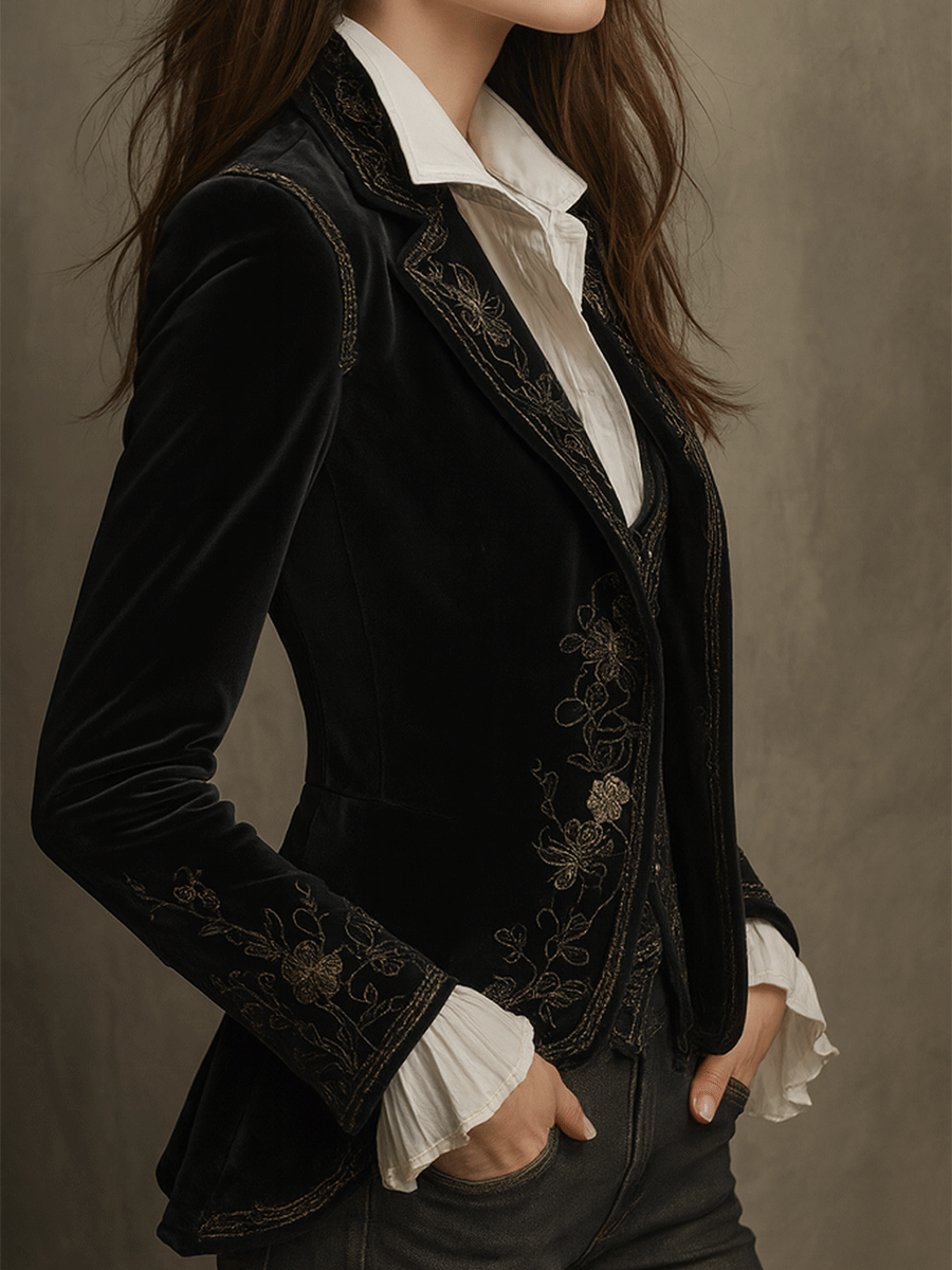 Chic Black Velvet Blazer with Embroidery