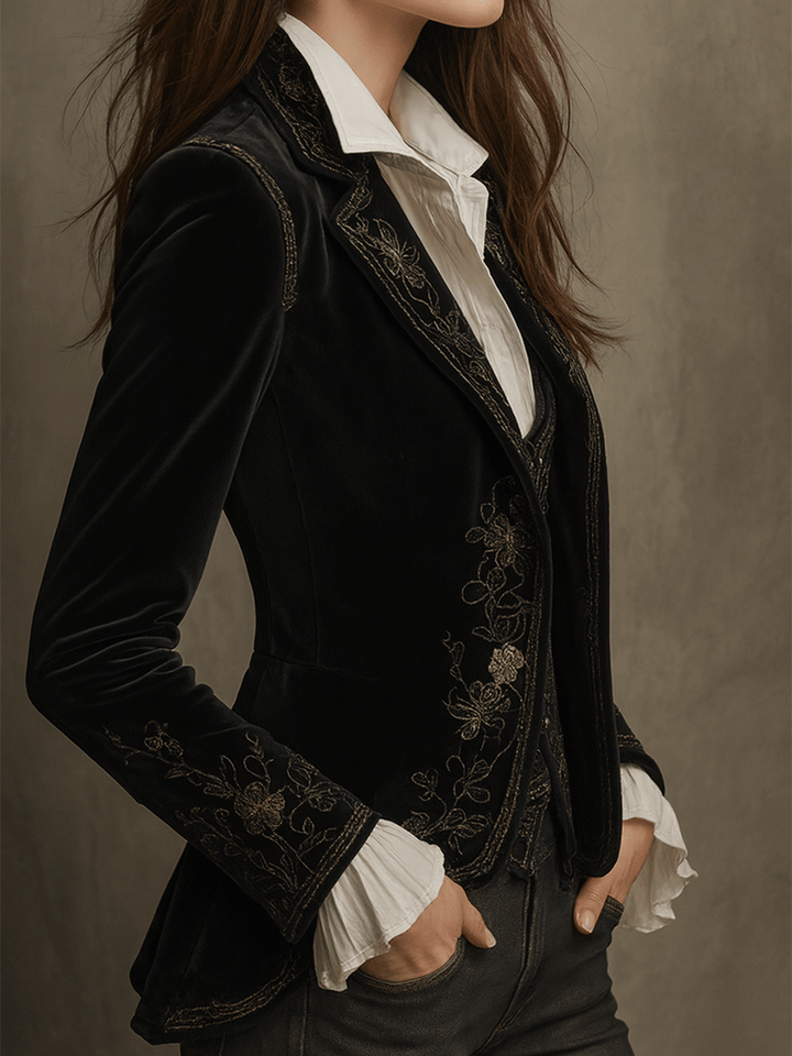 Chic Black Velvet Blazer with Embroidery