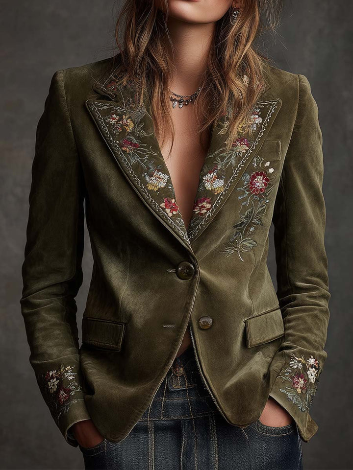 Embroidered Floral Olive Green Velvet Blazer