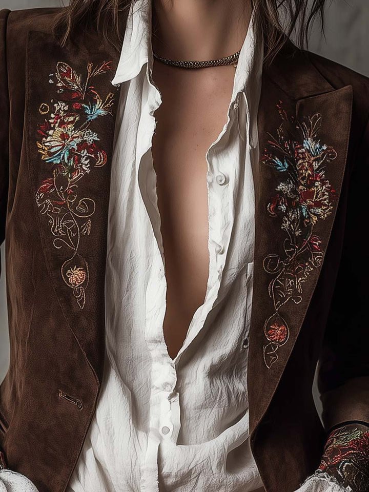 Retro Brown Suede Blazer Featuring Embroidered Accents