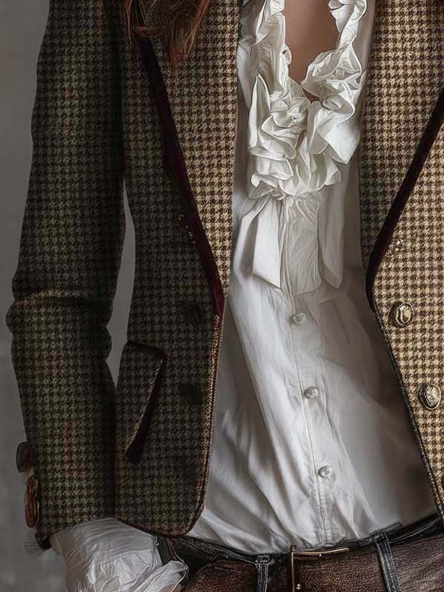 Classic Houndstooth Tweed Tailored Blazer
