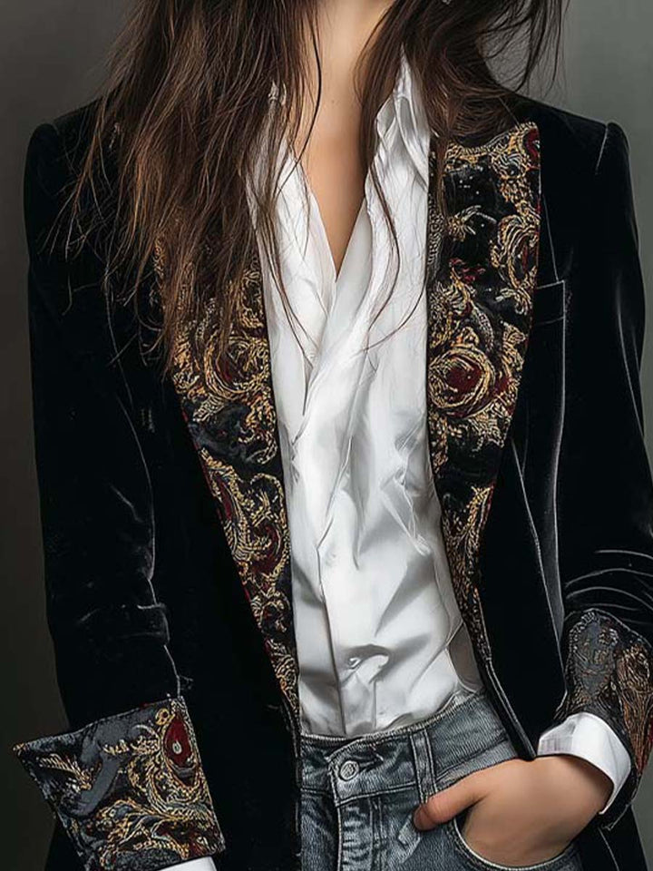 Classic Black Velvet Blazer with Baroque Printed Lapel - Timeless Vintage Luxury