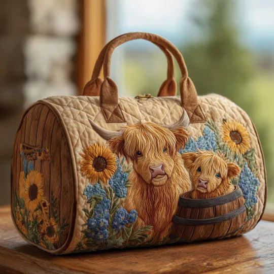 Highland Cows with Sunflowers Quilted Travel Bag