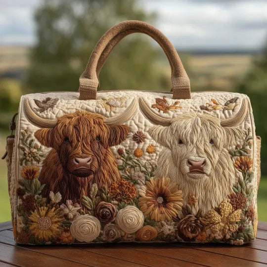 Two Highland Cows Quilted Travel Bag