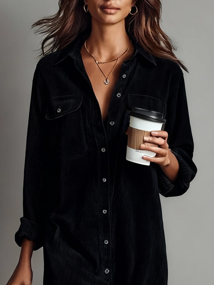 Jessy - Loose Corduroy Double Chest Pocket Breasted Midi Dress