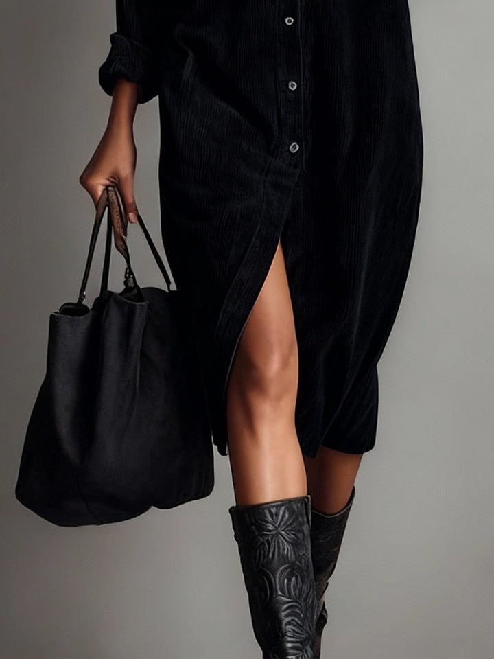 Jessy - Loose Corduroy Double Chest Pocket Breasted Midi Dress