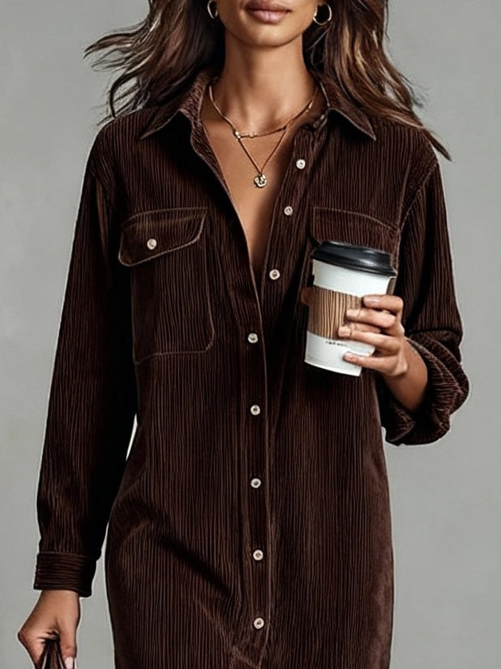 Jessy - Loose Corduroy Double Chest Pocket Breasted Midi Dress