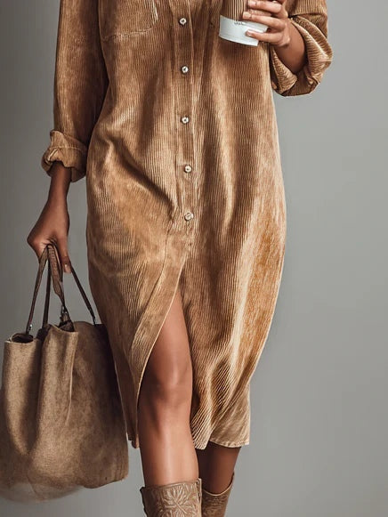 Jessy - Loose Corduroy Double Chest Pocket Breasted Midi Dress