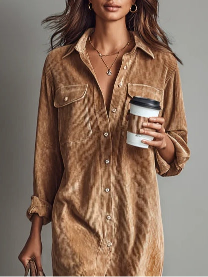 Jessy - Loose Corduroy Double Chest Pocket Breasted Midi Dress