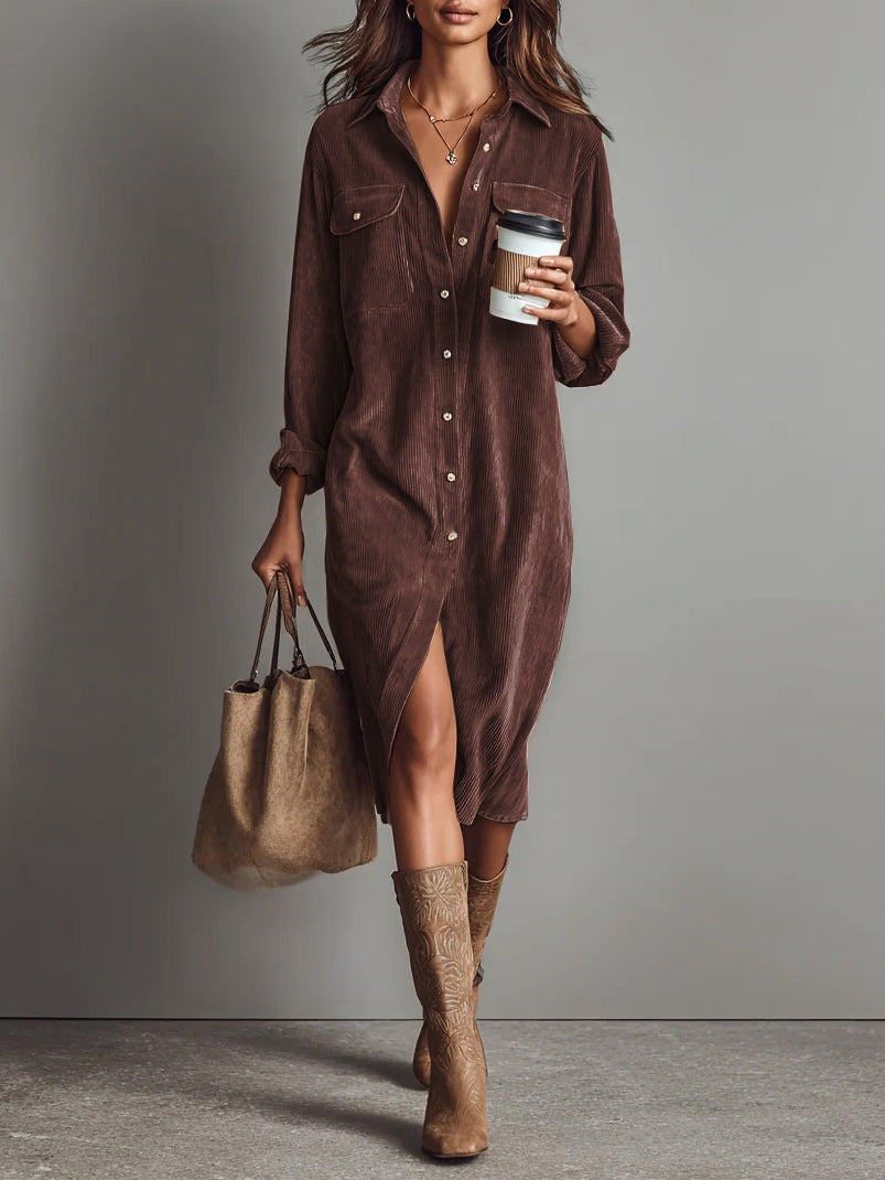 Jessy - Loose Corduroy Double Chest Pocket Breasted Midi Dress