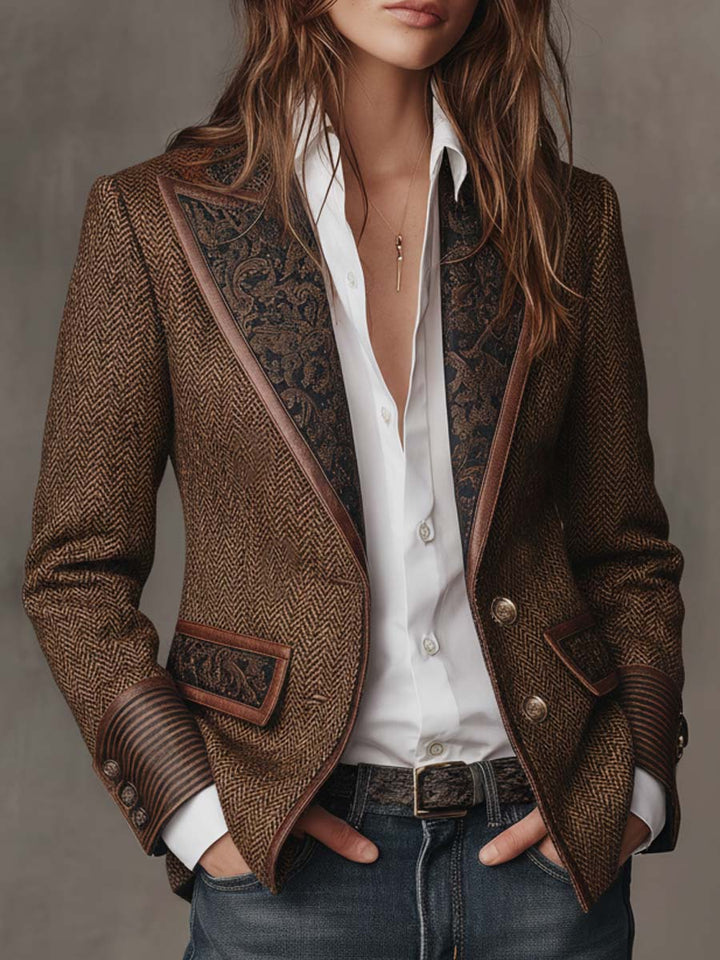 Herringbone Tweed Blazer Featuring Printed Panels