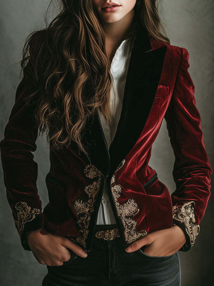 Luxurious Velvet Blazer with Elegant Black Collar and Gold Embroidery