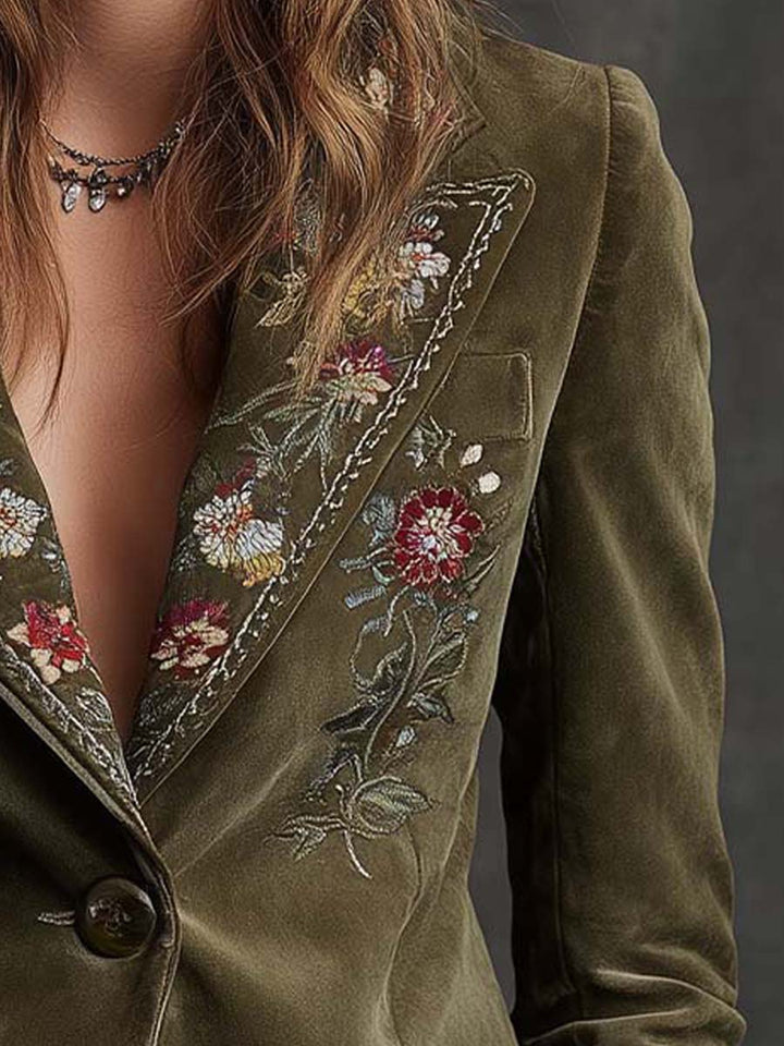 Embroidered Floral Olive Green Velvet Blazer