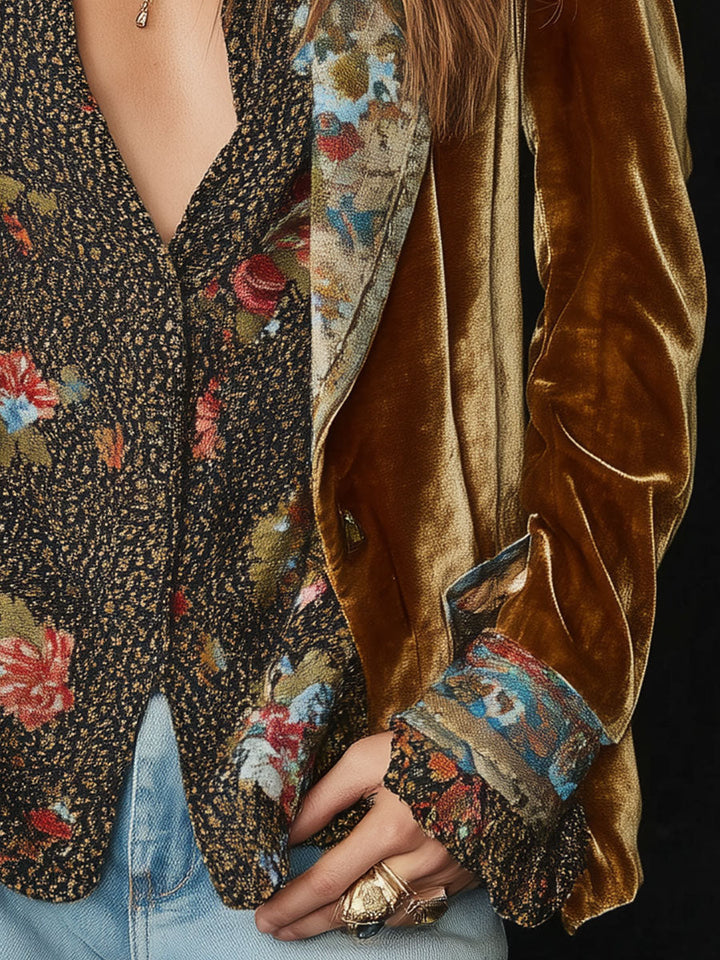 Retro Floral Patchwork Velvet Blazer with Lapel Detail