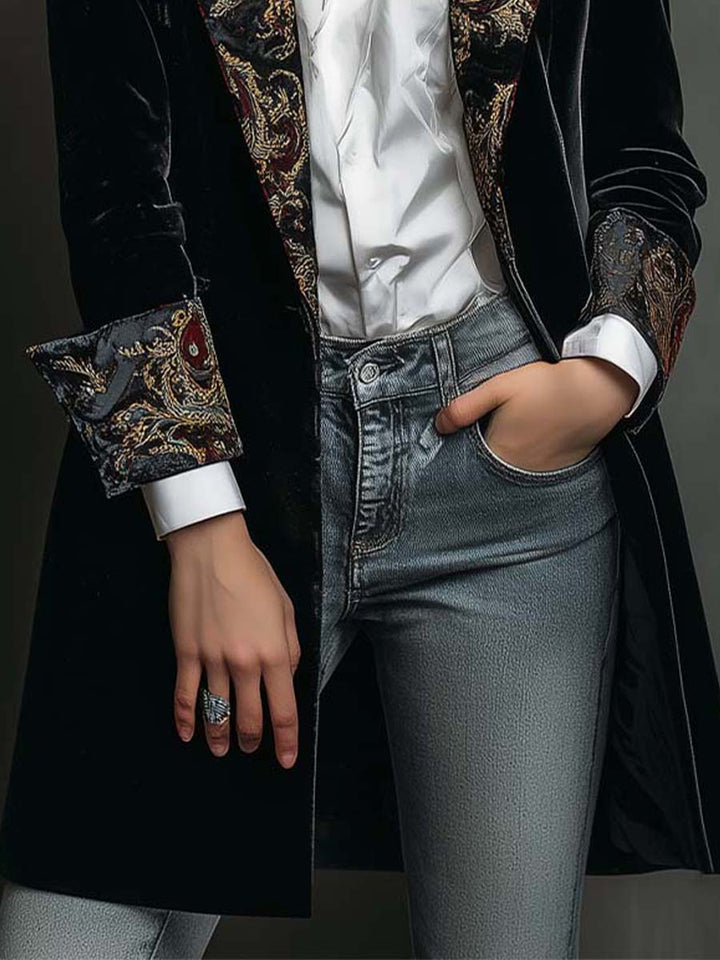 Classic Black Velvet Blazer with Baroque Printed Lapel - Timeless Vintage Luxury
