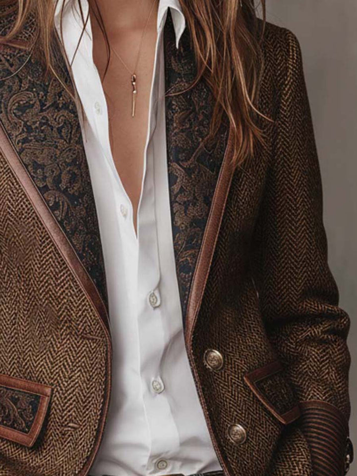 Herringbone Tweed Blazer Featuring Printed Panels