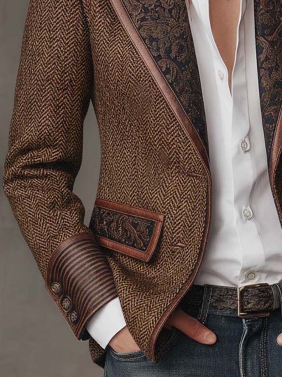 Herringbone Tweed Blazer Featuring Printed Panels