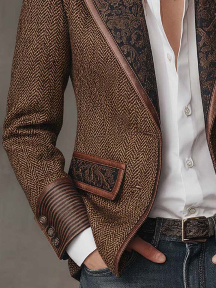 Herringbone Tweed Blazer Featuring Printed Panels