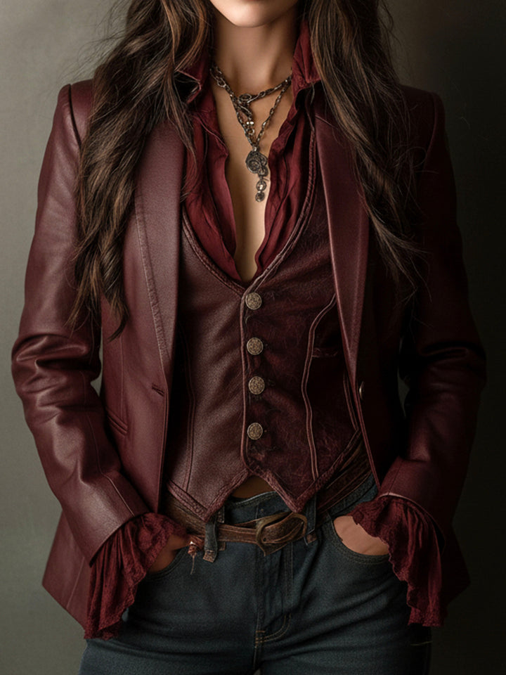 Retro Burgundy Eco-Friendly Leather Blazer
