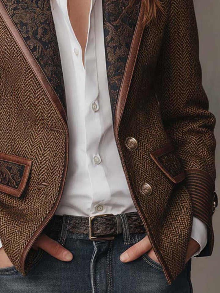 Herringbone Tweed Blazer Featuring Printed Panels