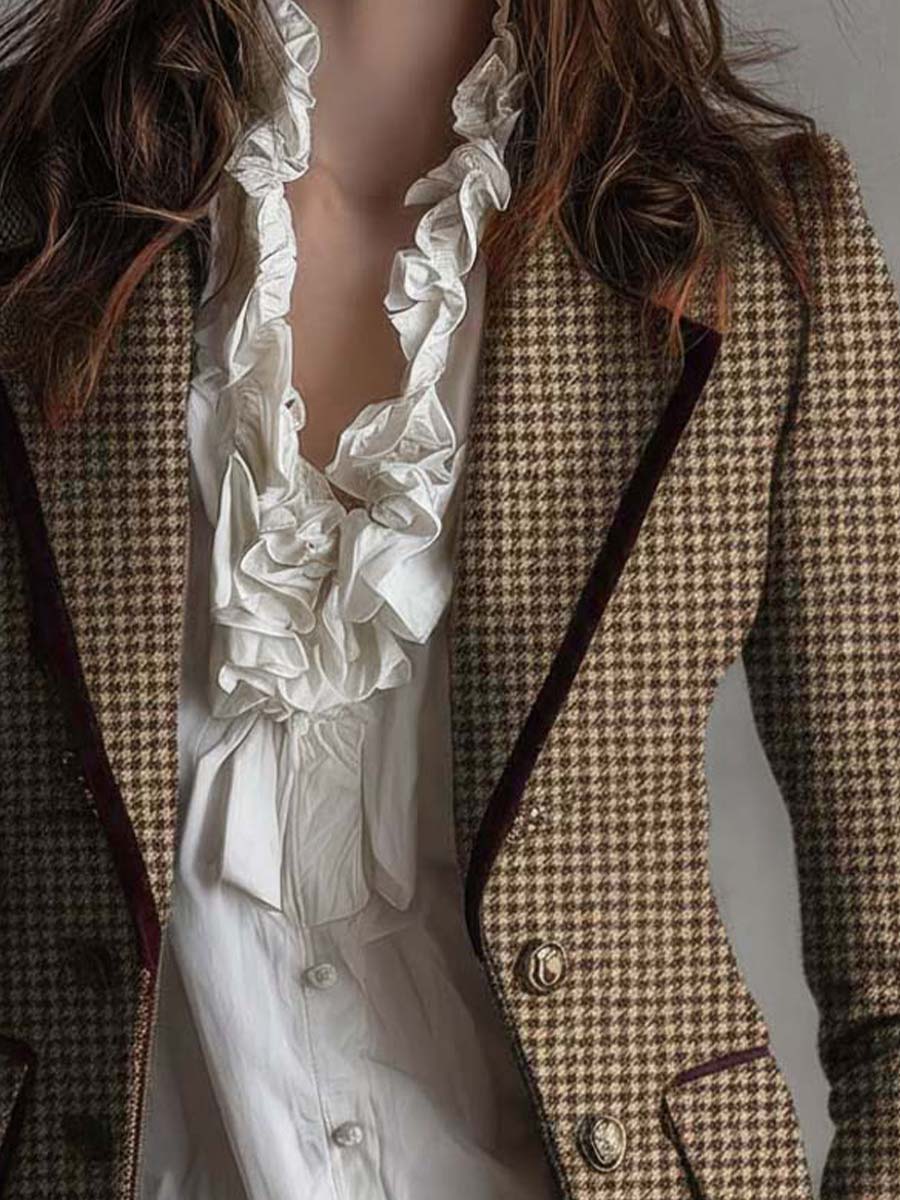 Classic Houndstooth Tweed Tailored Blazer
