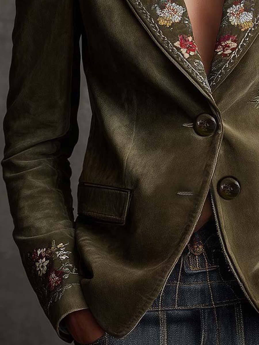 Embroidered Floral Olive Green Velvet Blazer