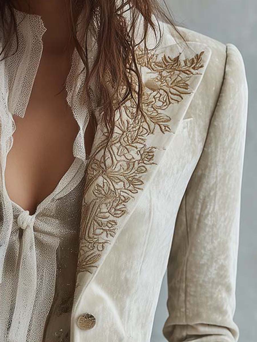 Ivory Velvet Blazer with Lace Cuffs and Embroidered Details