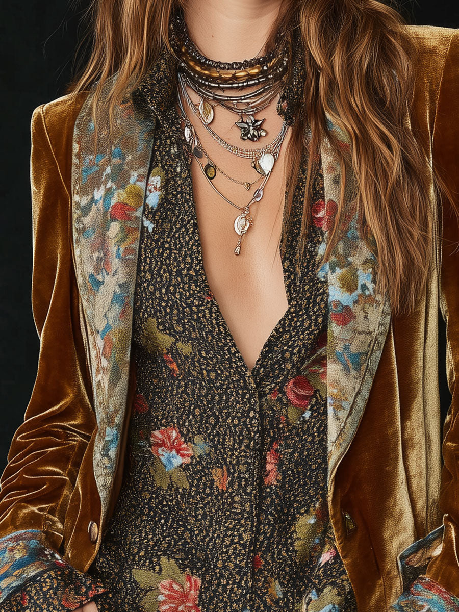 Retro Floral Patchwork Velvet Blazer with Lapel Detail