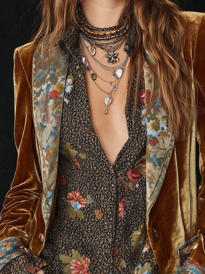 Retro Floral Patchwork Velvet Blazer with Lapel Detail
