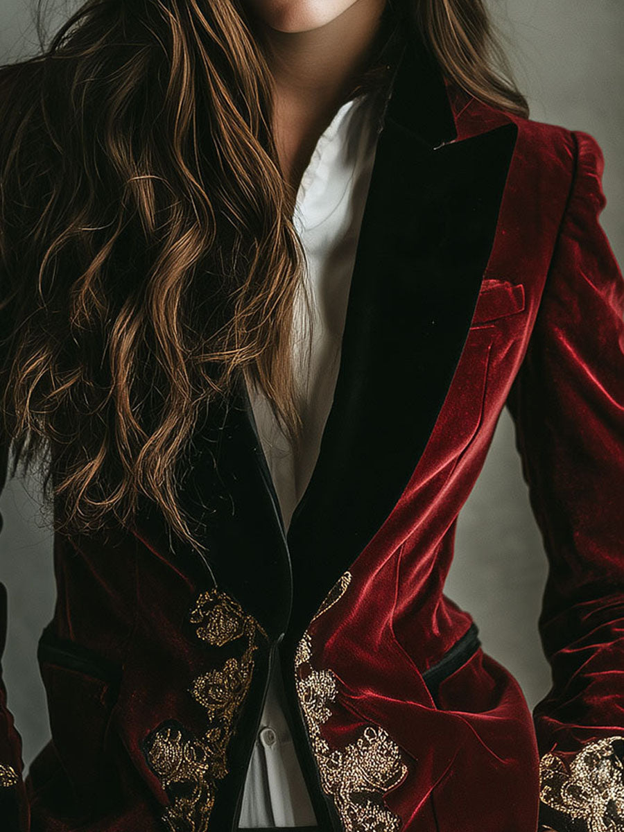 Luxurious Velvet Blazer with Elegant Black Collar and Gold Embroidery