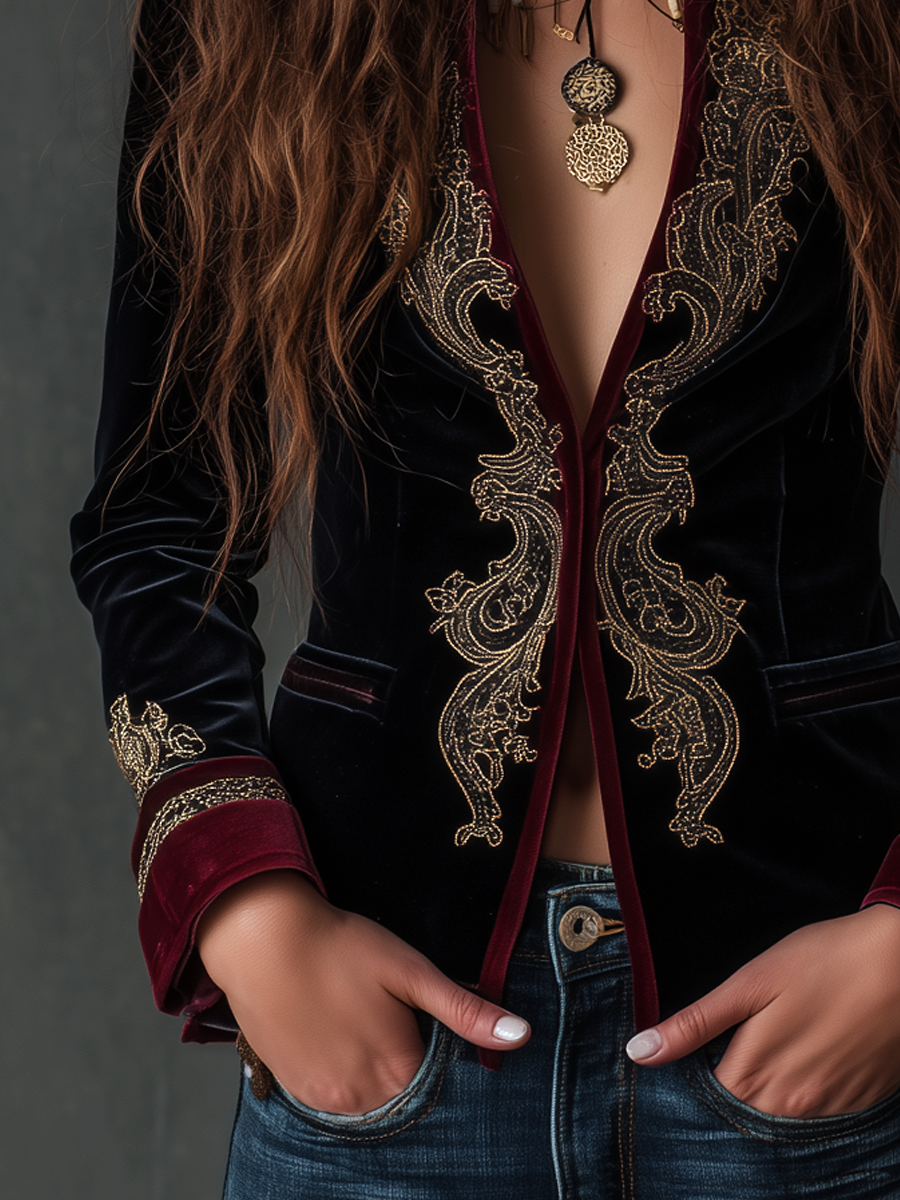 Classic Baroque Velvet Blazer with Embroidery